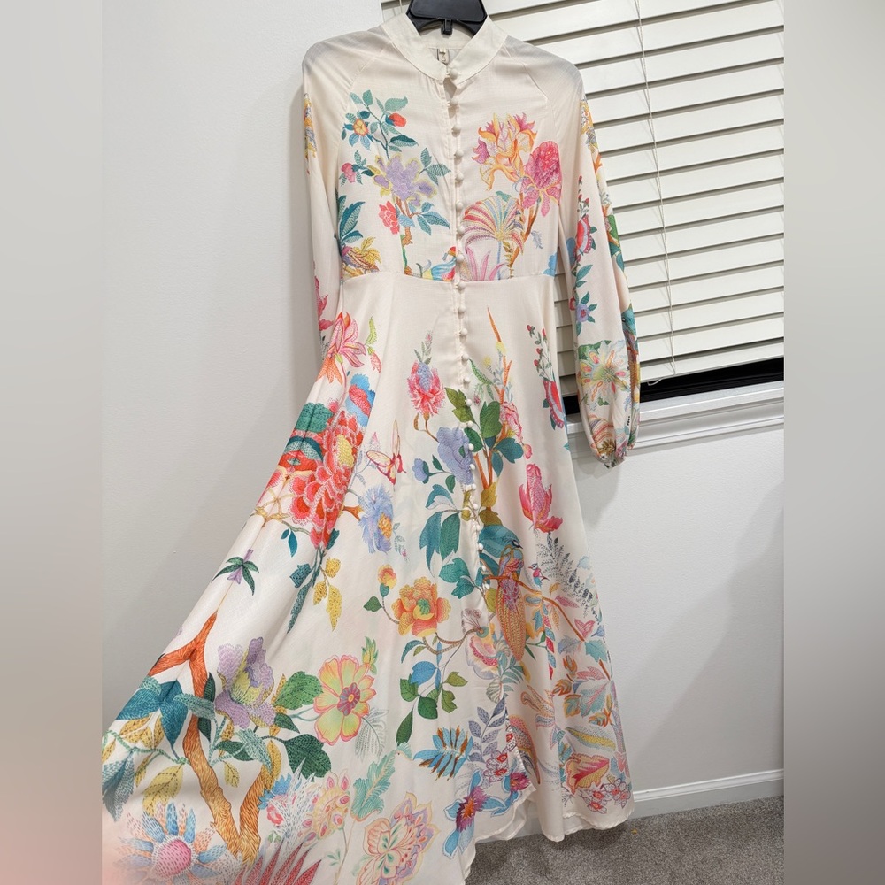 Floral Button-Front Cream Maxi Dress